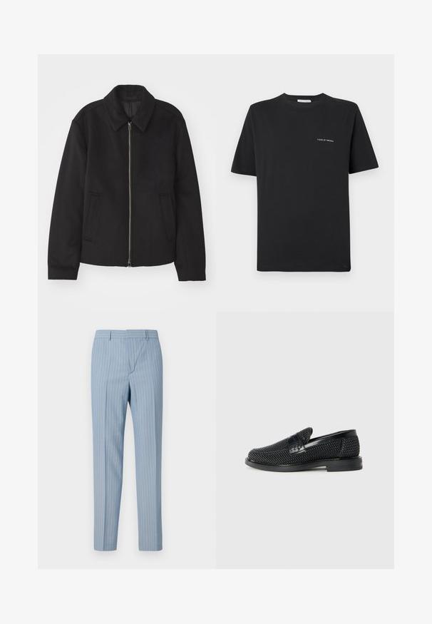 Svart jacka med dragkedjestängning, skräddarsydd design, rund krage och slitsfickor. Tillverkad av ett slätt, strukturerat tyg.; Svart bomull T-shirt med rund halsringning, korta ärmar och en liten vit "TIGER OF SWEDEN" logotyp på bröstet. Klassisk passform.; Ljusblå randiga byxor med slim fit, utrustade med vertikala smala ränder i vitt. Tillverkade av ett mjukt tyg med en skräddarsydd design.; Svart vävd slip-on sko med en slät läderdetalj på ovansidan, med rund tådesign och en låg gummisula.