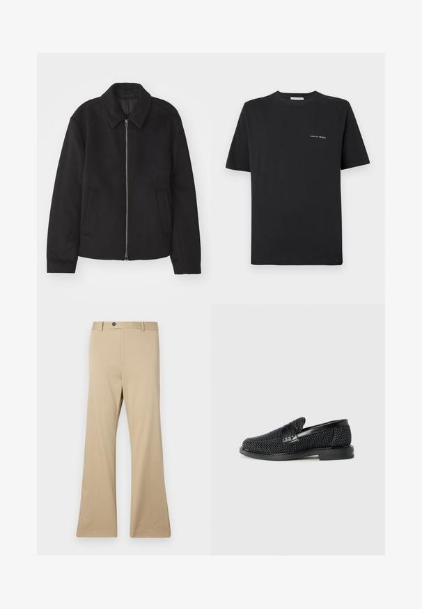 Veste noire avec fermeture éclair, design ajusté, col arrondi et poches fendue. Fabriquée dans un tissu lisse et texturé.; T-shirt en coton noir avec un col rond, des manches courtes et un petit logo blanc "TIGER OF SWEDEN" sur la poitrine. Coupe classique.; Pantalons évasés beiges en tissu lisse. Dotés d'une fermeture à bouton, de poches avant et d'une coupe ajustée au niveau des hanches, s'élargissant vers une jambe large.; Chaussure slip-on tissée noire avec un accent en cuir lisse sur le dessus, un design à bout rond et une semelle en caoutchouc à profil bas.