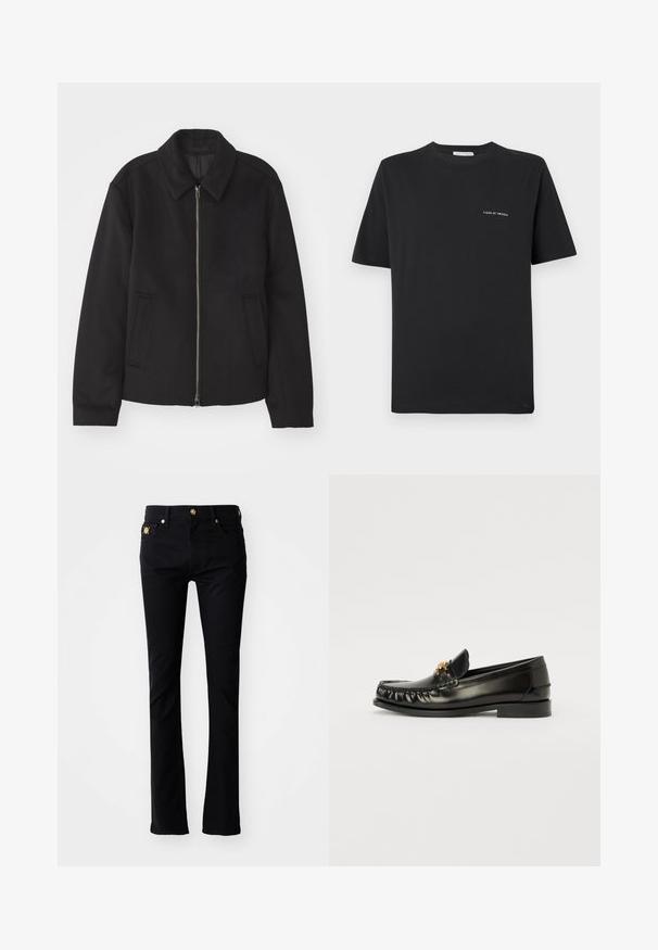 Must mustriga, mis on varustatud lukuga, kohandatud disaini, ümarate kaeluste ja lõhesalongidega taskudega. Valmistatud siledast, tekstuurilisest kangast.; Must alune T-särk, ümmarguse kaelusega, lühikeste varrukatega ja väikese valge "TIGER OF SWEDEN" logoga rinnal. Klassikaline lõige.; Mustad teksased, slim fit lõikega, valmistatud denimist. Omab esist nupuga kinnitamist, kahte esikotti ja dekoratiivseid detaile vöökohtadel.; Mustad nahast loafers, ringikujulise varbaga, millel on kuldne dekoratiivne aksessuaar pealispinnal ja peened õmblused servades. Tasane tald.