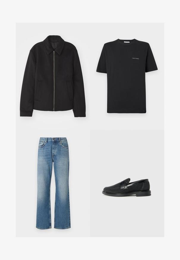 Black jacket with a zip closure, tailored design, a rounded collar, and slit pockets. Made from a smooth, textured fabric.; Black cotton T-shirt with a crew neckline, short sleeves, and a small white "TIGER OF SWEDEN" logo on the chest. Classic fit.; Light blue denim jeans with a wide-leg design, straight cut, five pockets, and a button closure at the waistband. Faded texture throughout.; Black woven slip-on shoe with a smooth leather accent on the upper, a round toe design, and a low-profile rubber sole.