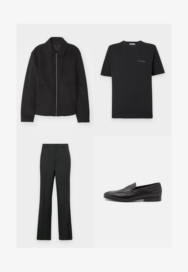 Sort jakke med lynlås, skræddersyet design, rund krave og slidser. Fremstillet af et glat, textureret stof.; Sort bomulds T-shirt med rund halsudskæring, korte ærmer og et lille hvidt "TIGER OF SWEDEN" logo på brystet. Klassisk pasform.; Mørkegrå skræddersyede bukser med lige snit, der har knaplukning, forlommer og en subtil tekstureret stof.; Sort læder herre loafers med lav hæl og et klassisk penny strap design, vist i sideprofil på en hvid baggrund.
