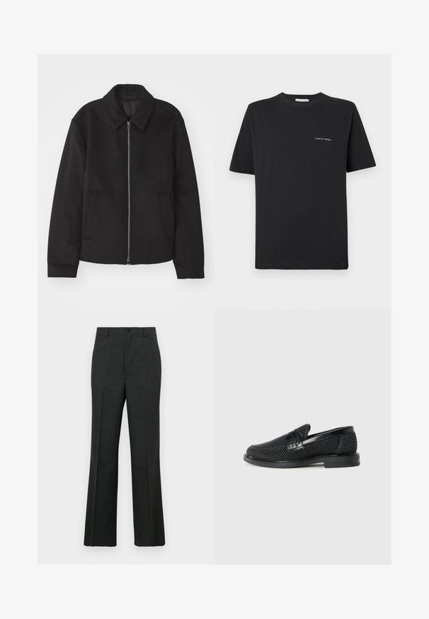 Schwarze Jacke mit Reißverschluss, tailliertem Schnitt, rundem Kragen und Schlitztaschen. Hergestellt aus einem glatten, strukturierten Stoff.; Schwarzes Baumwoll-T-Shirt mit Rundhalsausschnitt, kurzen Ärmeln und einem kleinen weißen "TIGER OF SWEDEN"-Logo auf der Brust. Klassischer Schnitt.; Dunkelgraue, maßgeschneiderte Hose im geraden Schnitt mit Knopfverschluss, Fronttaschen und subtiler Textur.; Schwarzer geflochtener Slipper mit einem glatten Lederakzent im Obermaterial, einem runden Zehendesign und einer flachen Gummisohle.