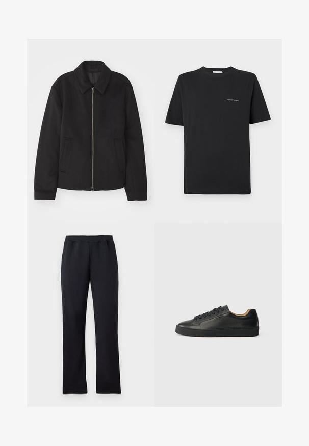 Svart jacka med dragkedjestängning, skräddarsydd design, rund krage och slitsfickor. Tillverkad av ett slätt, strukturerat tyg.; Svart bomull T-shirt med rund halsringning, korta ärmar och en liten vit "TIGER OF SWEDEN" logotyp på bröstet. Klassisk passform.; Svarta rak ben sweatpants med elastiskt midjeband, upplagda platt på en vit bakgrund.; Svart lågskuren lädersneaker med texturerad yta, svarta snören och tjock gummisula, visad från sidan på en ljus bakgrund.