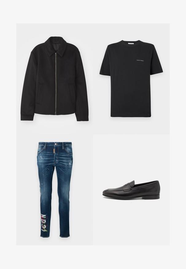 Crna jakna s patentnim zatvaračem, prilagođenog dizajna, zaobljenim kragnom i proreznim džepovima. Izrađena od glatkog, teksturiranog materijala.; Crna pamučna majica s okruglim izrezom, kratkim rukavima i malim bijelim logom "TIGER OF SWEDEN" na prsima. Klasičan kroj.; Plavi traperice uskog kroja s mrljama od boje i šarenim grafičkim tekstom na lijevoj nozi. Kontrastni šavovi duž šavova.; Crne kožne muške mokasine s niskom petom i klasičnim dizajnom trake za novčiće, prikazane u bočnom profilu na bijeloj pozadini.