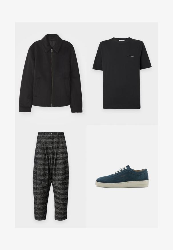 Črna jakna z zadrgo, prilagojena zasnova, okrogla ovratnica in žepi z rezi. Narejena iz gladke, teksturirane tkanine.; Črna bombažna majica s krojnim izrezom, kratkimi rokavi in majhnim belim logotipom "TIGER OF SWEDEN" na prsih. Klasičen kroj.; Hlače s krojenjem v houndstooth vzorcu v črni in sivi barvi, skrajšane, z visokim pasom, naborki in sprednjimi žepi. Narejene iz teksturiranega blaga.; Modri nubuk superge z zaobljenim prstom, belimi vezalkami in gumijastim podplatom. Opremljene so z diskretnim šivanjem in branded poudarkom na strani.