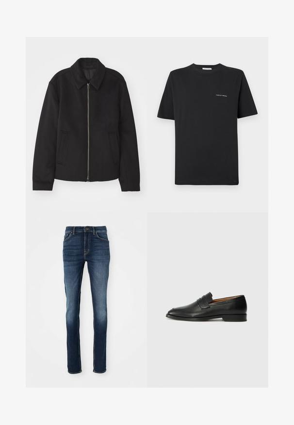 Must mustriga, mis on varustatud lukuga, kohandatud disaini, ümarate kaeluste ja lõhesalongidega taskudega. Valmistatud siledast, tekstuurilisest kangast.; Must alune T-särk, ümmarguse kaelusega, lühikeste varrukatega ja väikese valge "TIGER OF SWEDEN" logoga rinnal. Klassikaline lõige.; Tumedat sinised teksad kitsase lõikega, viie tasku ja kuldse õmblusega, mille esipind on veidi tuhmunud, et saavutada lõdvem välimus.; Must musta loafers ümarate varvastega, peene tikandiga ja madala kontsaga, millel on sile tekstuur ja minimalistlik disain.