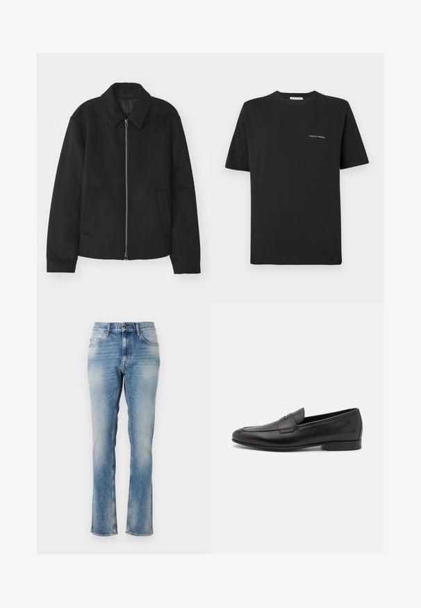 Černá bunda se zipovým uzávěrem, střižená designem, kulatým límcem a kapsami na bocích. Vyrobena z hladké, strukturované tkaniny.; Černé bavlněné tričko s kulatým výstřihem, krátkými rukávy a malým bílým logem "TIGER OF SWEDEN" na hrudi. Klasický střih.; Světlé modré džíny z denimu se střihem rovného nohavice, s jemným vyblednutím, pěti kapsami a vyšitými detaily v pase a na lemech.; Černé kožené pánské mokasíny s nízkým podpatkem a klasickým designem se sponou, zobrazené v bočním profilu na bílém pozadí.