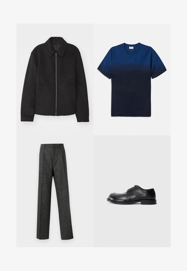 Black jacket with a zip closure, tailored design, a rounded collar, and slit pockets. Made from a smooth, textured fabric.; Navy blue cotton t-shirt with a round neck, short sleeves, and a subtle gradient design transitioning from lighter to darker shades.; Gray tailored trousers made of textured fabric, featuring two front pleats and a straight-leg design. No visible pockets or embellishments.; Black leather oxford shoe with rounded toe, lace-up design, smooth texture, and slight heel. Simple silhouette with minimal detailing.