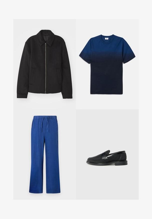 Fekete dzseki cipzárral, testreszabott dizájnnal, kerek nyakkal és zsebekkel. Sima, texturált anyagból készült.; Tengerészsötét kék pamut póló kerek nyakkal, rövid ujjakkal, és egy finom átmeneti mintával, ami világosabból sötétebb árnyalatokba halad.; Kék, bő szárú nadrág, elasztikus derékkal és zsinórral, oldalsó zsebekkel, fehér háttér előtt bemutatva.; Fekete szőtt slip-on cipő sima bőr díszítéssel a felsőrészen, kerek orral és alacsony profilos gumitalppal.