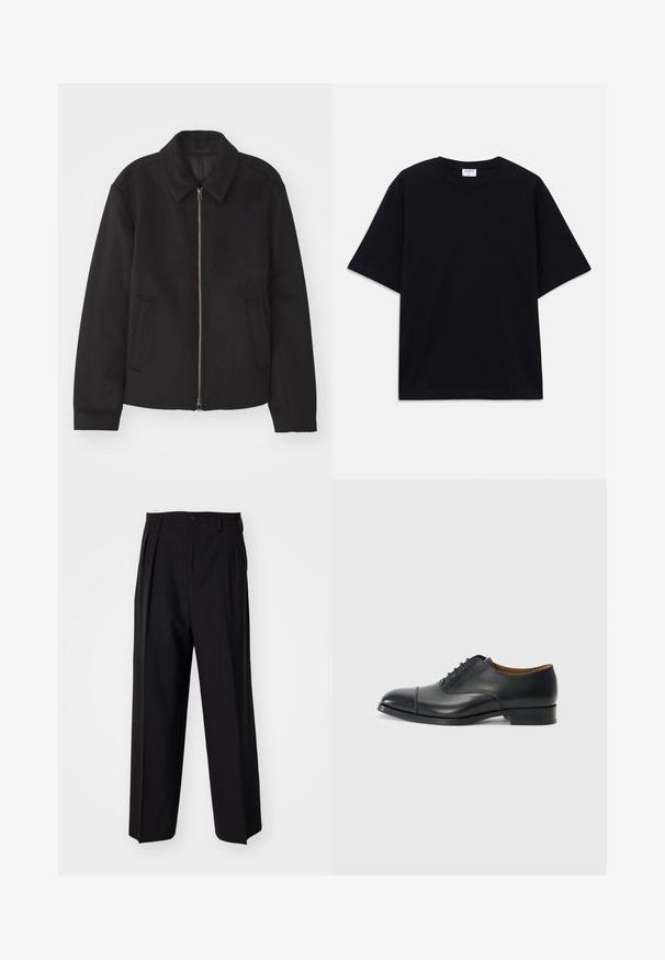 Must mustriga, mis on varustatud lukuga, kohandatud disaini, ümarate kaeluste ja lõhesalongidega taskudega. Valmistatud siledast, tekstuurilisest kangast.; Must t-särk, lühikeste varrukatega, üle mõõdu, ümmarguse kaelusega ja nähtava Filippa K brändi sildiga kaelas.; Mustad volditud püksid sirge ja laia säärega disainiga. Valmistatud siledast kangast, millel on nuppudega sulgemine ja vööaasad.; Must have nahkkingak, sileda viimistluse, ümarate varvastega, viie silmaga paelte jaoks ja madala ploki kontsaga. Minimalistlik disain koos diskreetsete õmblustega.