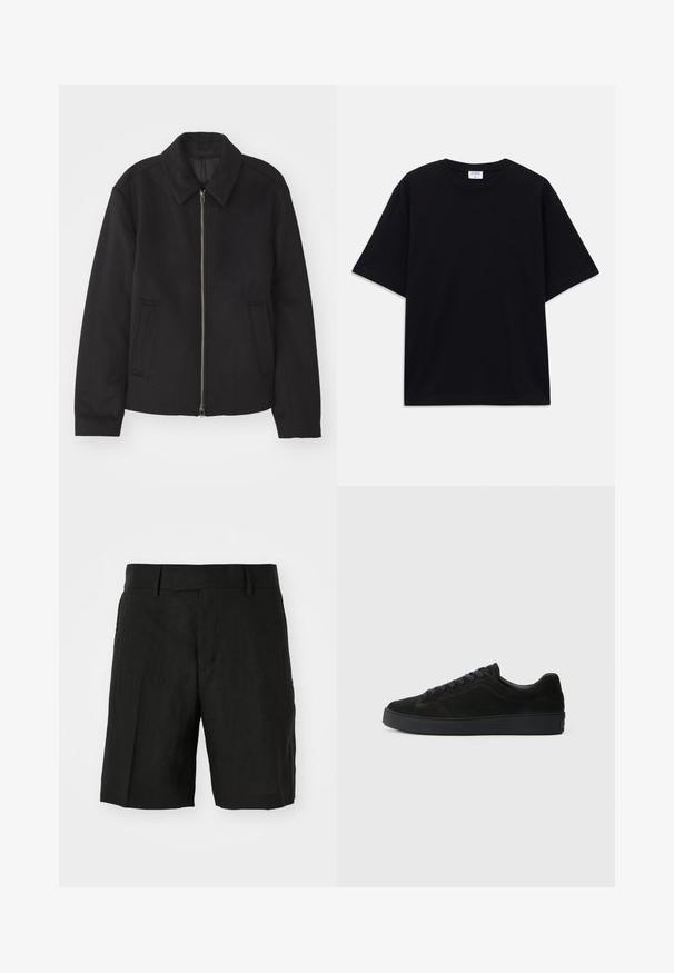 Čierna bunda so zipsom, upravený strih, okrúhly golier a bočné vrecká. Vyrobená z hladkej, textúrovanej látky.; Čierne nadrozmerné tričko s krátkym rukávom a okrúhlym výstrihom, s viditeľnou značkovou etikou Filippa K vo vnútri goliera.; Čierne ľanové kraťasy s uvoľneným strihom, so plochým predným dielom, vreckami po stranách a stredne dlhým strihom. Viditeľná ľahká textúra.; Čierne semišové tenisky s plochou, textúrovanou podrážkou, zaoblenou špičkou, šiestimi očkami na šnúrky a minimalistickým dizajnom.