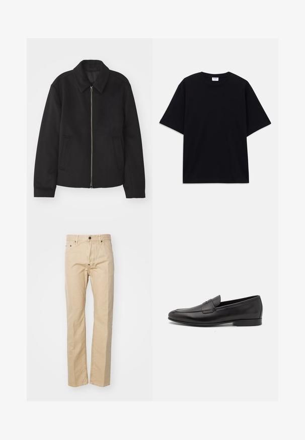 Black jacket with a zip closure, tailored design, a rounded collar, and slit pockets. Made from a smooth, textured fabric.; Black short-sleeve oversized T-shirt with round neckline and visible Filippa K brand label inside the collar.; Beige cotton trousers with a straight-leg design, featuring a button closure, belt loops, and front pockets. Smooth texture, minimal stitching.; Black leather men's loafer with a low heel and a classic penny strap design, shown in side profile on a white background.