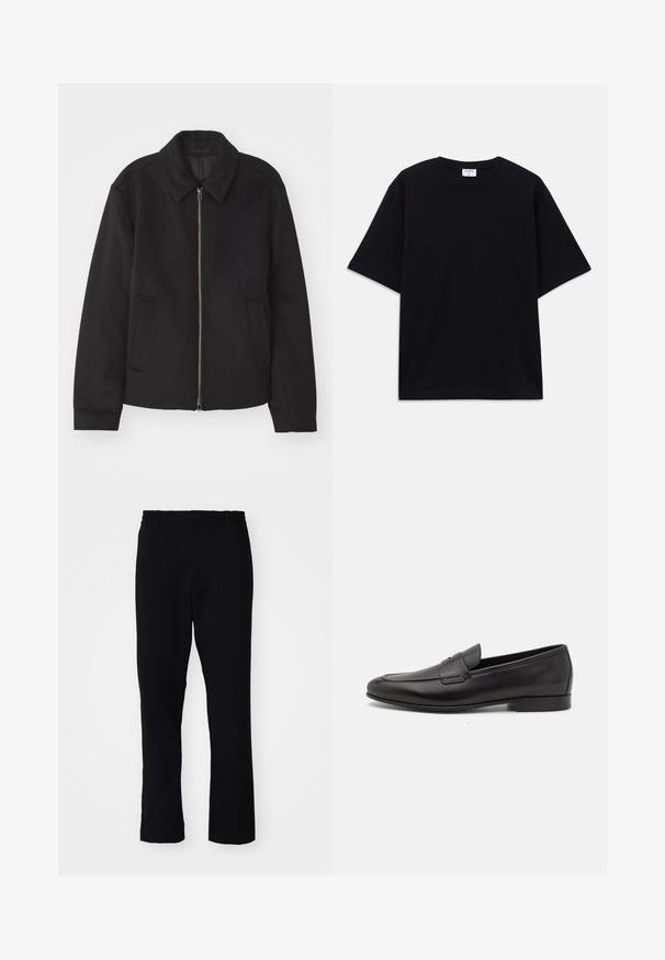 Black jacket with a zip closure, tailored design, a rounded collar, and slit pockets. Made from a smooth, textured fabric.; Black short-sleeve oversized T-shirt with round neckline and visible Filippa K brand label inside the collar.; Black pants with a slim fit. They feature an elastic waistband and straight legs, made from a smooth fabric with a matte finish.; Black leather men's loafer with a low heel and a classic penny strap design, shown in side profile on a white background.