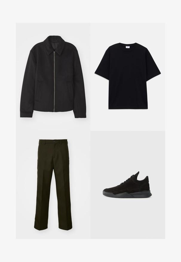 Črna jakna z zadrgo, prilagojena zasnova, okrogla ovratnica in žepi z rezi. Narejena iz gladke, teksturirane tkanine.; Črno kratkotrajno široko T-shirt s krožnim izrezom in vidno blagovno znamko Filippa K znotraj ovratnika.; The Kooples PANTALON - Hlače - kaki; Črne semiške superge z nizkim profilom, teksturiranim zgornjim delom, ravnimi vezalkami in trdnim gumijastim podplatom, ki ima rahlo peto in ukrivljen dizajn.
