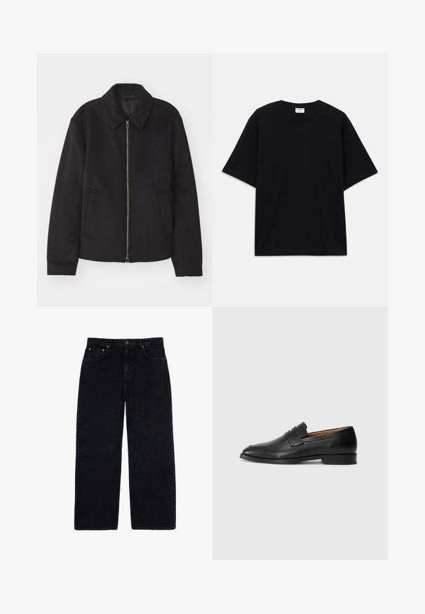 Zwarte jas met ritssluiting, op maat gemaakte ontwerp, ronde kraag en splitzakken. Gemaakt van een gladde, gestructureerde stof.; Zwarte oversized T-shirt met korte mouwen en ronde hals, met zichtbaar Filippa K merkelabel aan de binnenkant van de kraag.; Wijde corduroy broek in donkerblauw, met ribbeltextuur, standaard vijf-pocket ontwerp en metalen knoopsluiting aan de taille.; Zwarte leren instapper met een ronde neus, subtiele stikdetails en een lage hak, met een gladde textuur en een minimalistisch ontwerp.