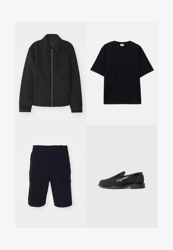 Černá bunda se zipovým uzávěrem, střižená designem, kulatým límcem a kapsami na bocích. Vyrobena z hladké, strukturované tkaniny.; Černé oversized tričko s krátkým rukávem, kulatým výstřihem a viditelnou značkou Filippa K uvnitř límce.; rag & bone CADE - Šortky - black; Černé pletené nazouvací boty s hladkým koženým akcentem na svršku, kulatou špičkou a nízkoprofilovou gumovou podrážkou.