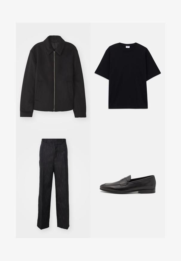 Black jacket with a zip closure, tailored design, a rounded collar, and slit pockets. Made from a smooth, textured fabric.; Black short-sleeve oversized T-shirt with round neckline and visible Filippa K brand label inside the collar.; Black pinstripe trousers with a tailored fit, featuring a smooth texture, a straight leg design, and subtle tonal detailing throughout.; Black leather men's loafer with a low heel and a classic penny strap design, shown in side profile on a white background.