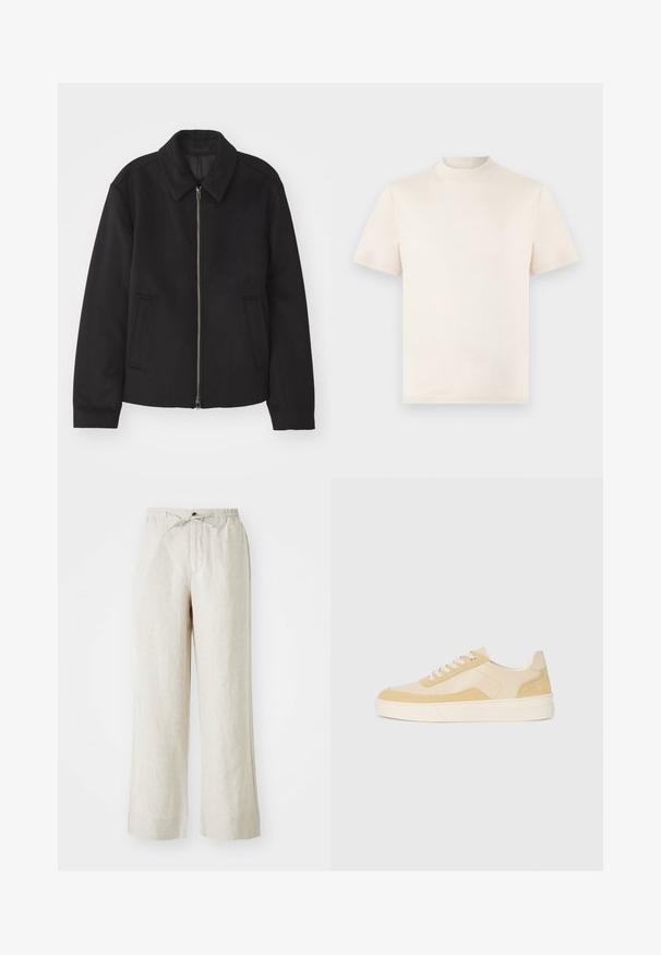 Veste noire avec fermeture éclair, design ajusté, col arrondi et poches fendue. Fabriquée dans un tissu lisse et texturé.; T-shirt crème à manches courtes avec un col montant, fabriqué en coton doux. Présente un logo embossé subtil sur la poitrine.; Pantalons en lin de couleur beige clair, avec une coupe ample, une taille élastique avec cordon de serrage, et des poches latérales pour plus de commodité.; Baskets en suède et cuir jaune clair, avec une semelle rembourrée et des accents cousus. Design classique à lacets avec un bout arrondi.