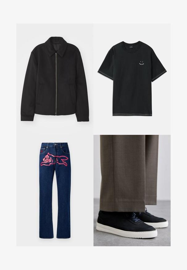 Črna jakna z zadrgo, prilagojena zasnova, okrogla ovratnica in žepi z rezi. Narejena iz gladke, teksturirane tkanine.; Črna bombažna majica s kratkimi rokavi, okroglim ovratnikom in belimi šivnimi detajli. Vključa majhno grafiko na prsih.; Denimske hlače s ravnim krojem. Temno modra barva, z velikim roza mačjim motivom na zadnjem žepu. Klasičen kovinski gumb in zakovice.; Črne nubuk teniske z belimi gumijastimi podplati, ki imajo zaobljen nos in vezalke, oblečene z sivimi krojenimi hlačami.