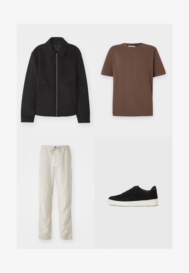 Fekete dzseki cipzárral, testreszabott dizájnnal, kerek nyakkal és zsebekkel. Sima, texturált anyagból készült.; Barna pamut póló kerek nyakkivágással, rövid ujjakkal és egy kis logóval az elején. Sima textúrájú anyag, laza fazon.; Világos bézs len nadrág egyenes szabású designnal, rugalmas derékpánttal, állítható zsinórral, és látható minták vagy fémalkatrészek nélkül.; Fekete velúr sportcipő fűzős dizájnnal és kontrasztos fehér gumitalppal. Jellemzői a textúrázott oldalpanelek és a diszkrét logó a sarokon.