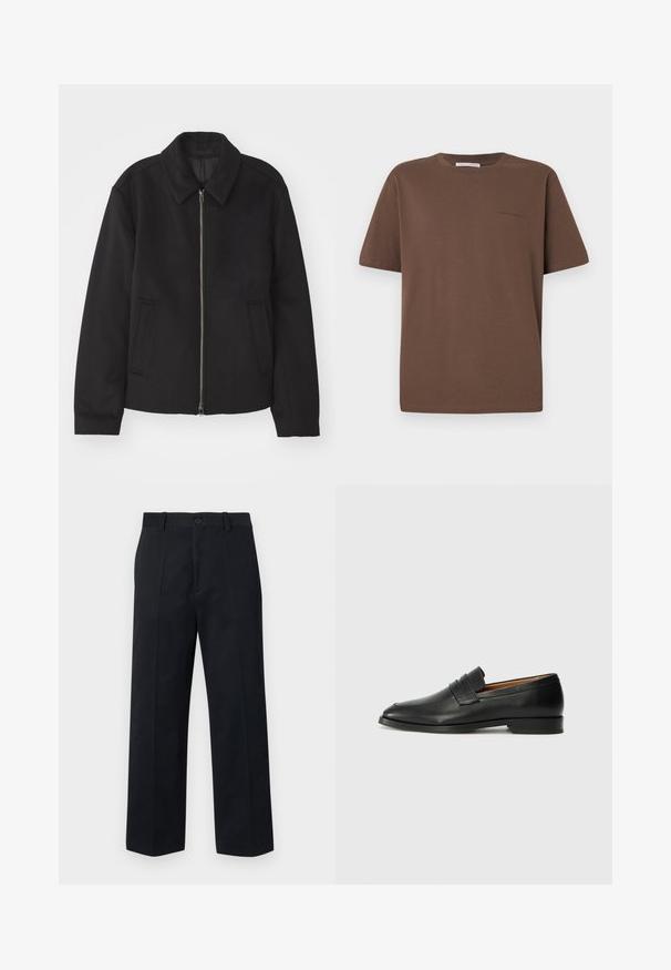 Black jacket with a zip closure, tailored design, a rounded collar, and slit pockets. Made from a smooth, textured fabric.; Brown cotton t-shirt with a round neckline, short sleeves, and a small logo printed on the front. Flat fabric texture, casual fit.; Black trousers with a straight fit, made from solid fabric. Features a button closure, belt loops, and two front pockets. Clean, minimal design.; Black leather loafer with a rounded toe, subtle stitched detailing, and a low heel, featuring a smooth texture and minimalist design.
