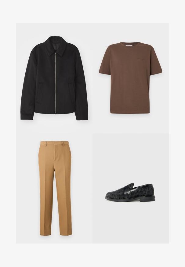 Juodas švarkas su užtrauktuku, pritaikyta forma, apvaliu apykakle ir kišenėmis su plyšiu. Pagamintas iš lygios, tekstūruotos medžiagos.; Rudas medvilninis marškinėliai su apvaliu iškirpimu, trumpomis rankovėmis ir mažu logotipu spausdintu priekyje. Lygus audinio tekstūros, laisvo kirpimo.; Kreminės spalvos kelnės, pagamintos iš audinio, turinčios tiesų kirpimą, lygią priekį ir diržo kilpos. Sklandus paviršius be matomų raštų.; Juodas pintas slip-on tipo batelis su lygiu odiniu akcentu viršuje, apvalios nosies dizainas ir žemas guminis padas.