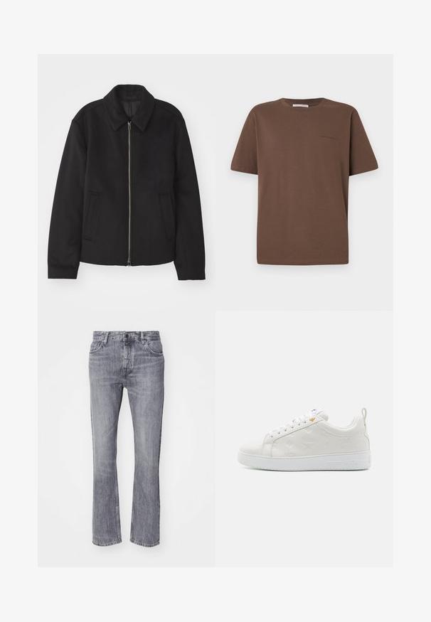 Čierna bunda so zipsom, upravený strih, okrúhly golier a bočné vrecká. Vyrobená z hladkej, textúrovanej látky.; Hnedé bavlnené tričko s okrúhlym výstrihom, krátkymi rukávmi a malým logom potlačeným na prednej strane. Hladká textúra látky, voľný strih.; Sivé riflové nohavice s rozšírenými nohavicami a vyblednutým povrchom, päť vreciek, predné zapínanie na gombík a pútka na opasok. Klasický rovný strih.; Biele tenisky s embosovaným logom MCM, hladký kožený zvršok, okrúly priestor na prsty, tenké šnúrky a štruktúrovaná gumová podrážka. Zlatý akcent pri päte.