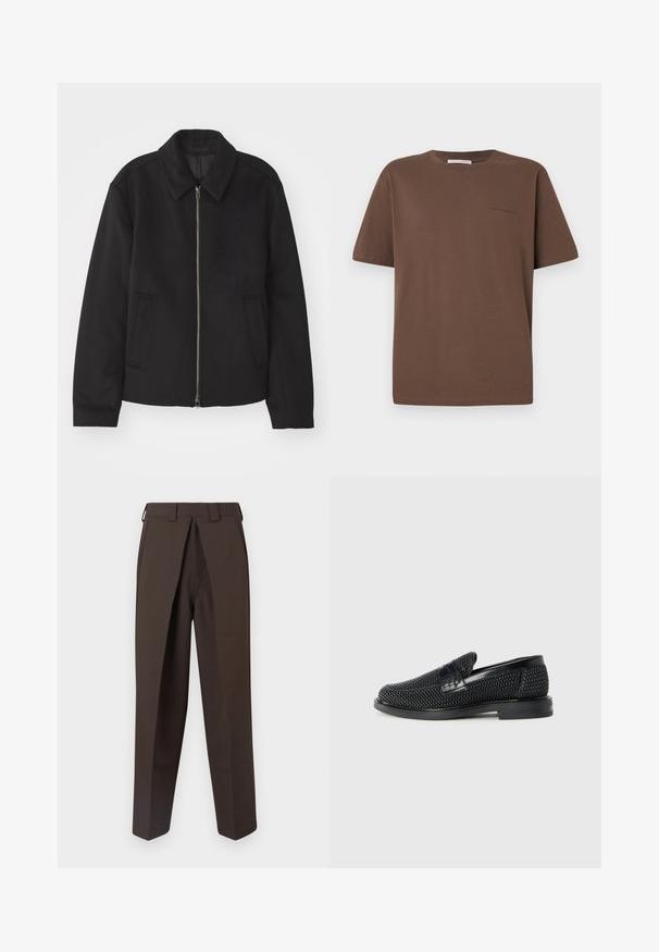Must mustriga, mis on varustatud lukuga, kohandatud disaini, ümarate kaeluste ja lõhesalongidega taskudega. Valmistatud siledast, tekstuurilisest kangast.; Pruun puuvillane T-särk ümmarguse kaeluse, lühikeste varrukate ja väikese logoga, mis on trükitud ette. Lameda kangastekstuuri ja vaba lõikega.; BLUEMARBLE WORK PANT - Püksid - brown; Must musta kootud slip-on king, millel on pehme nahast accent ülaserval, ümmargune varvas ja madal profiiliga kummitald.