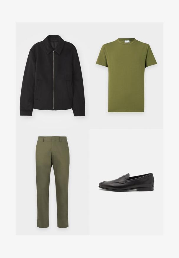 Černá bunda se zipovým uzávěrem, střižená designem, kulatým límcem a kapsami na bocích. Vyrobena z hladké, strukturované tkaniny.; Olivově zelené tričko s krátkým rukávem vyrobené z měkké, hladké látky. Klasický kulatý výstřih, čisté linie, bez viditelných vzorů nebo doplňků.; Olivově zelené kalhoty rovného střihu s poutky na opasek a skrytým předním zapínáním na bílém pozadí.; Černé kožené pánské mokasíny s nízkým podpatkem a klasickým designem se sponou, zobrazené v bočním profilu na bílém pozadí.