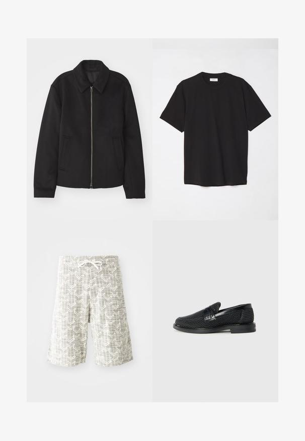 Sort jakke med lynlås, skræddersyet design, rund krave og slidser. Fremstillet af et glat, textureret stof.; Sort bomulds T-shirt med rund hals, korte ærmer og en afslappet pasform. Enkel design, glat tekstur og ingen synlige mønstre eller logoer.; Lettere shorts lavet af vævet stof, med et grå og hvidt geometrisk mønster, elastisk talje med snøre og løs pasform.; Sort vævet slip-on sko med en glat læderdetalje på overdelen, en rund tådesign og en lavprofil gummisål.