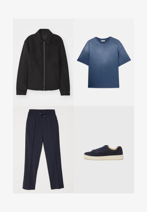 Veste noire avec fermeture éclair, design ajusté, col arrondi et poches fendue. Fabriquée dans un tissu lisse et texturé.; T-shirt en coton bleu avec une coupe décontractée, des manches courtes, un col ras du cou et une texture douce. Présente un effet dégradé de couleur.; Pantalons bleu marine avec une taille élastique et un cordon de serrage. Doté de deux plis à l'avant et de jambes fuselées pour une silhouette structurée.; Baskets basses en suede bleu marine avec bout arrondi, semelle en caoutchouc blanc cassé et lacets assortis ; dotées d'une doublure intérieure contrastante couleur tan.