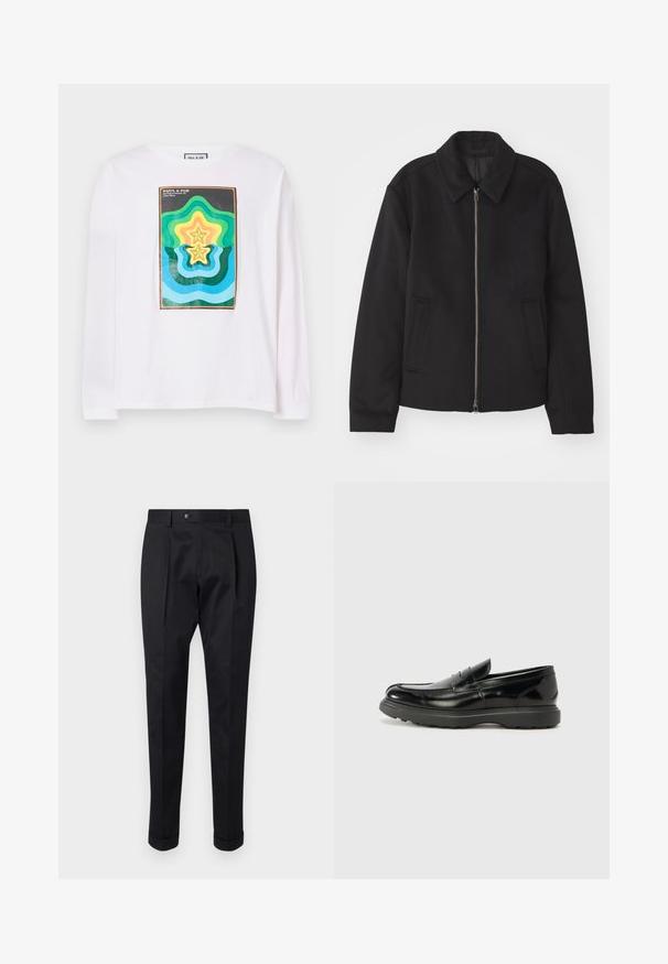 Black jacket with a zip closure, tailored design, a rounded collar, and slit pockets. Made from a smooth, textured fabric.; White long-sleeve t-shirt featuring a colorful geometric print with layered star shapes in green, yellow, and blue, framed by a dark border.; Black trousers made of a smooth fabric, featuring a fold at the front, a button closure, and rolled cuffs at the ankle.; Black leather loafer with a glossy finish, rounded toe, subtle stitching details, and a thick rubber sole for durability.