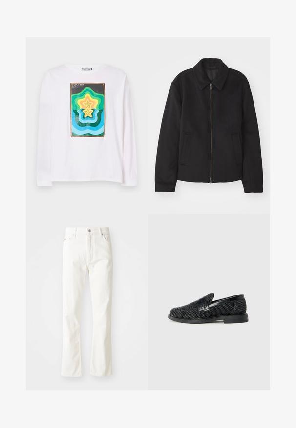 Černá bunda se zipovým uzávěrem, střižená designem, kulatým límcem a kapsami na bocích. Vyrobena z hladké, strukturované tkaniny.; Bílý dlouhý rukáv tričko s barevným geometrickým potiskem, který obsahuje vrstvené hvězdné tvary v zelené, žluté a modré barvě, obklopené tmavým okrajem.; Bílé rozšířené džíny z denimu s vysokým pasem, předními kapsami a stříbrnými detaily. Látka má hladkou strukturu se skvělými stehenními detaily.; Černé pletené nazouvací boty s hladkým koženým akcentem na svršku, kulatou špičkou a nízkoprofilovou gumovou podrážkou.