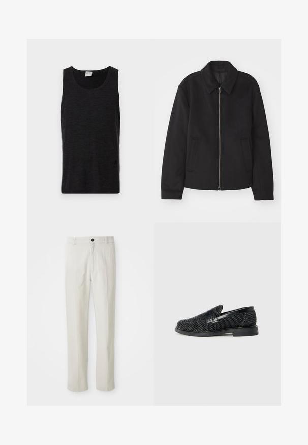 Juodas švarkas su užtrauktuku, pritaikyta forma, apvaliu apykakle ir kišenėmis su plyšiu. Pagamintas iš lygios, tekstūruotos medžiagos.; Juodas be rankovių marškinėlis, pagamintas iš tekstūruoto medžiagos. Yra apvalus iškirpimas ir subtilus logotipo akcentas prie apačios. Paprastas dizainas.; Bežiniai tiesūs keliai su diržo kilpomis, priekiniais mygtukais ir užtrauktuku, išdėstyti ant balto fono.; Juodas pintas slip-on tipo batelis su lygiu odiniu akcentu viršuje, apvalios nosies dizainas ir žemas guminis padas.