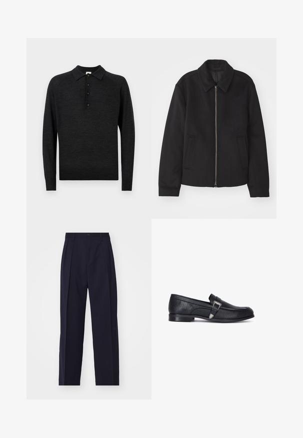 Giacca nera con chiusura con zip, design sartoriale, collo arrotondato e tasche a fessura. Realizzata in un tessuto morbido e texture.; Polo a maniche lunghe nera realizzata in un morbido tessuto a maglia, con colletto classico, patta con cinque bottoni e bordo a costine.; Pantaloni blu navy, su misura, con un design a gamba dritta, pieghe sul davanti, chiusura con bottone e senza tasche visibili. Tessuto di texture liscia.; Mocassini in pelle nera con una finitura testurizzata, caratterizzati da un accento di fibbia argentata e un profilo basso, progettati per un uso casual o formale.