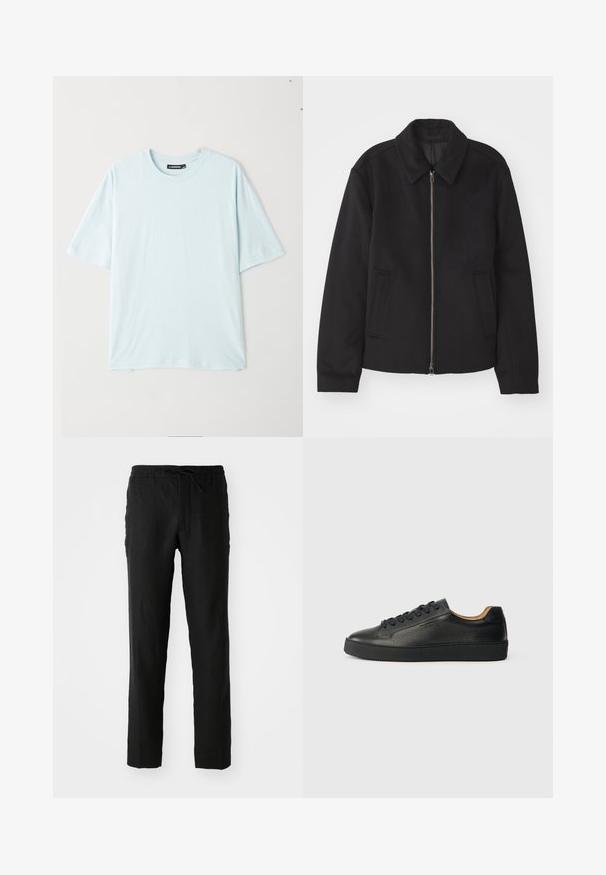 Črna jakna z zadrgo, prilagojena zasnova, okrogla ovratnica in žepi z rezi. Narejena iz gladke, teksturirane tkanine.; Svetlo modra majica s kratkimi rokavi in okroglim izrezom, izdelana iz mehkega materiala. Ima sproščen kroj in gladko teksturo brez vzorcev ali dodatkov.; Črne lanene hlače z elastičnim pasom in vrvico. Ravno krojene, z gladko teksturo. Primerne za sproščeno nošenje.; Črne nizke usnjene superge z teksturirano površino, črnimi vezalkami in debelim gumijastim podplatom, prikazane s strani na svetli podlagi.