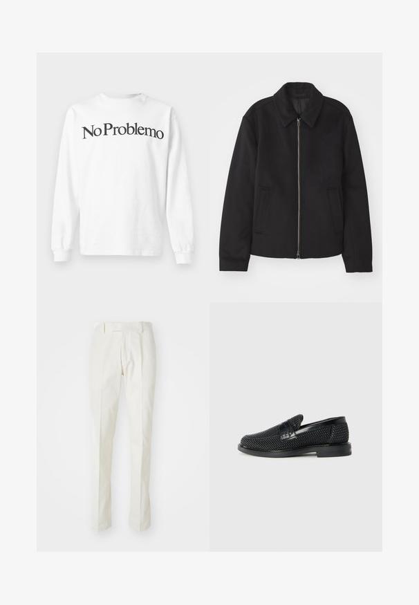 Giacca nera con chiusura con zip, design sartoriale, collo arrotondato e tasche a fessura. Realizzata in un tessuto morbido e texture.; Maglietta bianca a maniche lunghe in cotone con la scritta nera "No Problemo" stampata sul petto. Design semplice con collo tondo e polsini a costine.; Pantaloni bianchi in cotone, con un design a gamba dritta, fronte piatto e senza motivi o hardware visibili. Texture liscia.; Scarpa nera a mocassino intrecciata con un accentuato in pelle liscia sulla parte superiore, design a punta rotonda e suola in gomma a profilo basso.