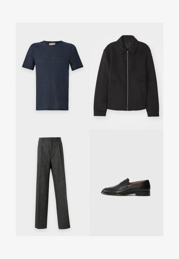 Fekete dzseki cipzárral, testreszabott dizájnnal, kerek nyakkal és zsebekkel. Sima, texturált anyagból készült.; Tengerészkék rövid ujjú crew neck póló, könnyű, enyhén áttetsző anyagból, fehér háttéren.; Szürke, texturált anyagból készült, szabott nadrág, két elülső pliszével és egyenes lábbal. Nincsenek látható zsebek vagy díszítések.; Fekete bőr mokaszin, kerek orral, diszkrét varrásokkal és alacsony sarokkal, sima felülettel és minimalista dizájnnal.
