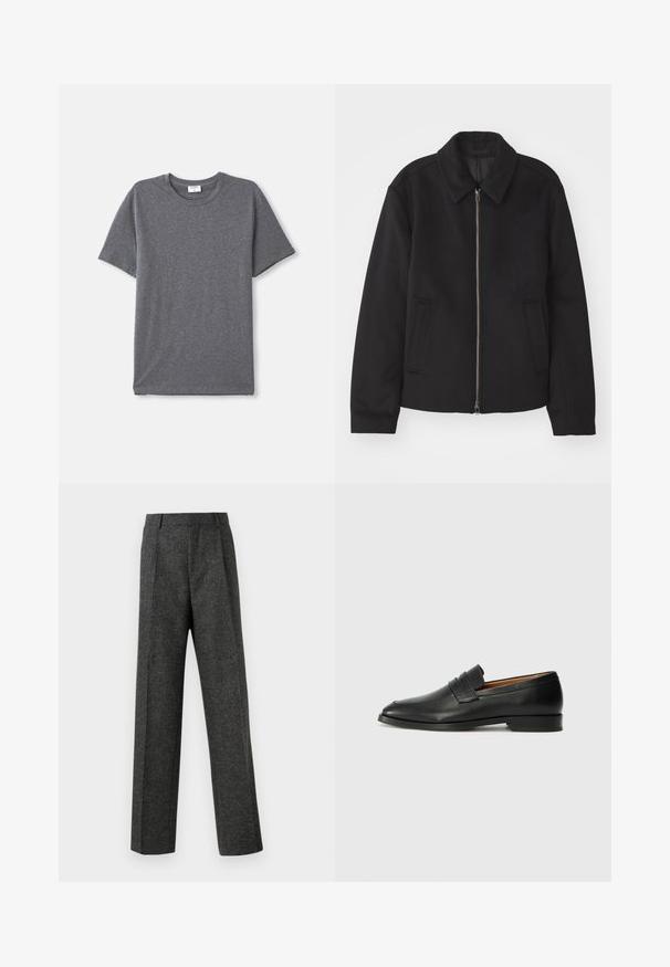Must mustriga, mis on varustatud lukuga, kohandatud disaini, ümarate kaeluste ja lõhesalongidega taskudega. Valmistatud siledast, tekstuurilisest kangast.; Hallide lühikeste varrukatega t-särk, mis on valmistatud pehmest ja siledast kangast. Klassikaline ümmargune kaelus, mugav lõige ning ilma silmapaistvate disainielementideta.; Hallidehased hallid püksid tekstureeritud kangast, millel on kaks eesmist voldi ja sirge sääre disain. Pole nähtavaid taskuid ega kaunistusi.; Must musta loafers ümarate varvastega, peene tikandiga ja madala kontsaga, millel on sile tekstuur ja minimalistlik disain.