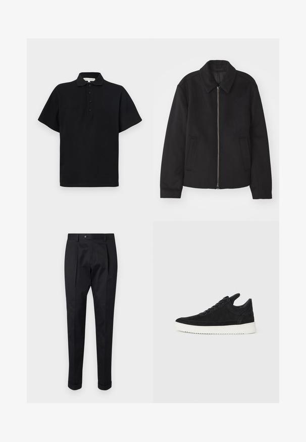 Chaqueta negra con cierre de cremallera, diseño ajustado, cuello redondeado y bolsillos con abertura. Fabricada en un tejido suave y texturizado.; Camisa polo negra de manga corta, fabricada en suave algodón. Presenta un cuello con solapa y una tapeta de cuatro botones. Diseño simple y minimalista.; Pantalones negros de tejido suave, con un pliegue en la parte delantera, cierre de botón y puños enrollados en el tobillo.; Zapatilla de ante negra con suela de goma blanca, que presenta costuras en el mismo tono y un diseño de cordones. Textura suave con una forma moderna y aerodinámica.