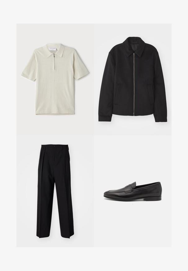 Casaco preto com fecho de correr, design ajustado, colarinho redondo e bolsos com fenda. Feito de um tecido liso e texturizado.; Polo de manga curta em bege claro com colarinho com fecho. Feito de um tecido suave, apresenta um design simples e moderno, sem padrões.; Calças pretas plissadas com um design reto e de perna larga. Feitas de um tecido liso, apresentam um fecho de botão e passantes para cinto.; Sapatilha masculina em couro preto, com salto baixo e um design clássico com tira de moeda, apresentada em perfil lateral sobre um fundo branco.