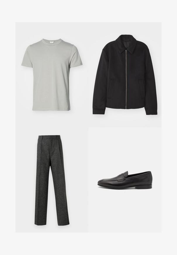 Sort jakke med lynlås, skræddersyet design, rund krave og slidser. Fremstillet af et glat, textureret stof.; Kortærmet T-shirt i lys grå bomuld med rund halsudskæring og lige kant. Glat tekstur, ingen mønstre eller synlige metaldele.; Grå skræddersyede bukser lavet af tekstureret stof, med to frontplicer og lige ben-design. Ingen synlige lommer eller udsmykninger.; Sort læder herre loafers med lav hæl og et klassisk penny strap design, vist i sideprofil på en hvid baggrund.