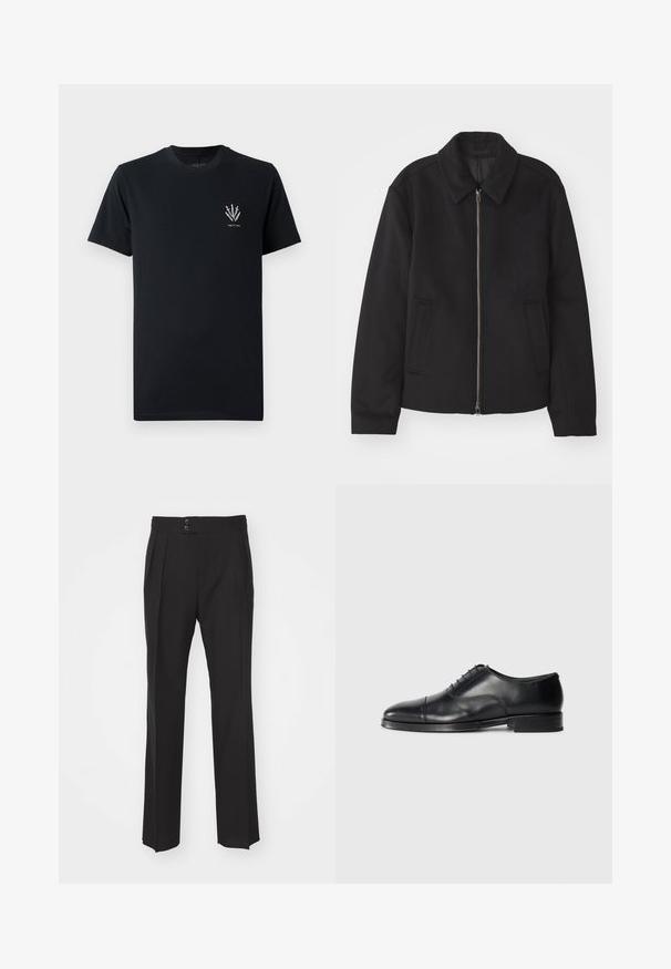 Must mustriga, mis on varustatud lukuga, kohandatud disaini, ümarate kaeluste ja lõhesalongidega taskudega. Valmistatud siledast, tekstuurilisest kangast.; Must beebi musta puuvillane T-särk ümarate kaelustega, lühikeste varrukatega ning vasakul rinnal väike valge mõõkade graafika.; Mustad vooderdatud püksid, millel on sirge sääre disain, kaks esikotti ja topelt-nööbikinnitus vööosas. Sile kangatekstuur.; Must musta kingad ümmarguse toe, sile tekstuur, lipsudega disain ja peene õmbluse detail, madala ja tasase kontsaga.