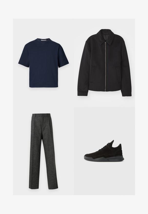 Casaco preto com fecho de correr, design ajustado, colarinho redondo e bolsos com fenda. Feito de um tecido liso e texturizado.; T-shirt de manga curta azul marinho com decote em V, feito de material suave, apresentando um corte descontraído e design minimalista, sem padrões ou acessórios visíveis.; Calças cinzentas ajustadas, feitas de um tecido texturizado, com duas pregas frontais e um design de perna reta. Sem bolsos visíveis ou enfeites.; Sapatilha de camurça preta com um perfil baixo, parte superior texturizada, atacadores planos e uma sola de borracha sólida com um ligeiro salto e design curvo.