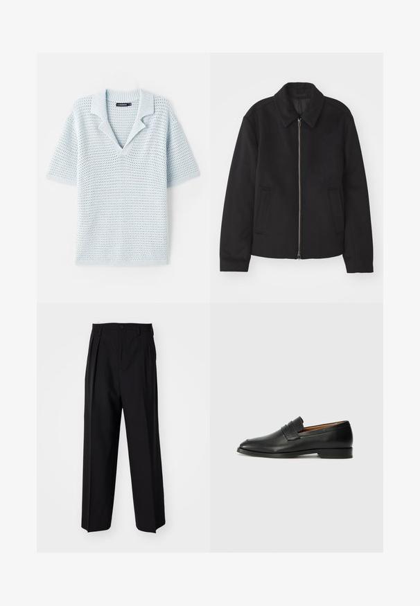 Crna jakna s patentnim zatvaračem, prilagođenog dizajna, zaobljenim kragnom i proreznim džepovima. Izrađena od glatkog, teksturiranog materijala.; Svijetloplava pletena polos košulja kratkih rukava s V-izrezom i rebrastim ovratnikom. Sadrži teksturirani, otvoreni uzorak.; Crne plisirane hlače s ravnim širokim nogavicama. Izrađene od glatkog materijala, s dugmadi za zatvaranje i petljama za remen.; Crni kožni loafer s okruglim vrhom, suptilnim šavovima i niskim petama, s glatkom teksturom i minimalističkim dizajnom.
