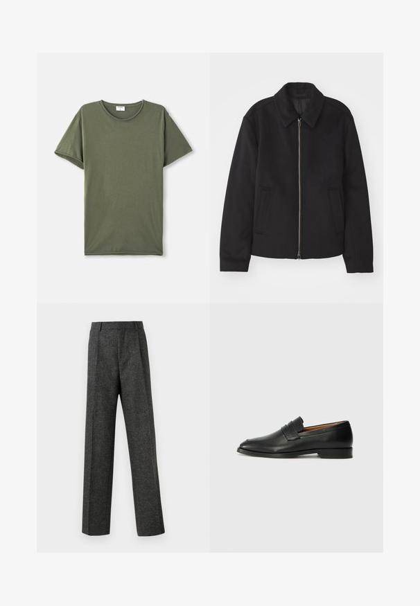 Jachetă neagră cu închidere prin fermoar, design ajustat, guler rotund și buzunare cu fanta. Fabricată dintr-un material neted, texturat.; Tricou scurt cu mânecă zero, de culoare verde măslin, așezat plat pe un fundal alb.; Pantaloni gri ajustați din țesătură texturată, prezentând două pliere frontale și un design drept. Fără buzunare vizibile sau ornamente.; Lofer din piele neagră, cu vârf rotund, detalii cusute subtile și toc jos, având o textură netedă și un design minimalist.