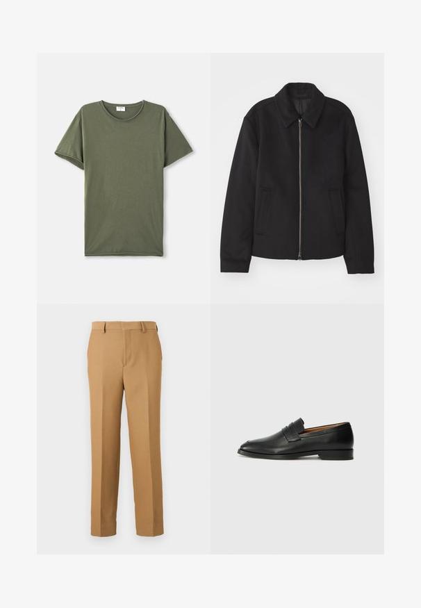 Melnā jaka ar rāvējslēdzēju, piegrieztas formas dizains, noapaļots apkakle un šķēluma kabatas. Izgatavota no gludas, teksturētas auduma.; Vienkāršs olīvzaļš īsām piedurknēm T-krekls ar apaļu kakla izgriezumu izklāts uz balta fona.; Bēšas krāsas bikses noaustā audumā, ar taisnu griezumu, plakanu priekšu un jostas cilpām. Gluda tekstūra bez redzamām rakstām.; Melnas ādas loafers ar noapaļotu purngala formu, smalku izšuvumu un zemu papēdi, piedāvājot gludu tekstūru un minimālistisku dizainu.