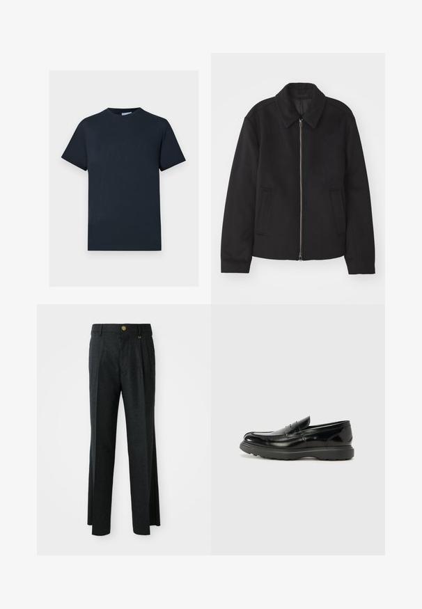Fekete dzseki cipzárral, testreszabott dizájnnal, kerek nyakkal és zsebekkel. Sima, texturált anyagból készült.; Tengerészkék pamut póló, rövid ujjú, kerek nyakkivágással, a mellkasán egy világosabb árnyalatú, texturált logó dizájnnal.; Sötétszürke nadrág, lapos elülső résszel és redőkkel, arany gombbal és cipzáras záródással, texturált gyapjú keverék anyagból készült.; Fekete bőr loafer, fényes felülettel, kerek orral, diszkrét varrási részletekkel és vastag gumitalppal a tartósság érdekében.