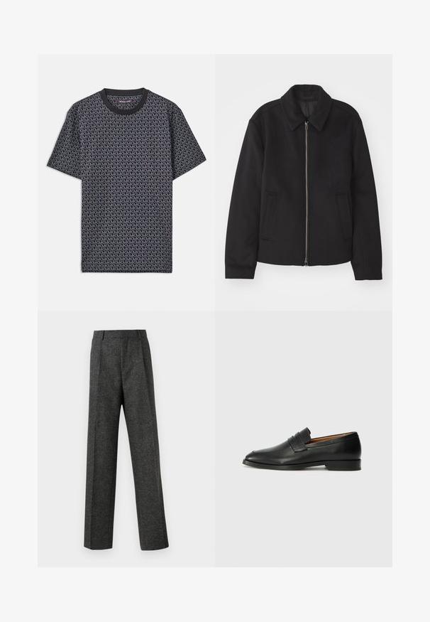 Zwarte jas met ritssluiting, op maat gemaakte ontwerp, ronde kraag en splitzakken. Gemaakt van een gladde, gestructureerde stof.; Zwart t-shirt met korte mouwen, voorzien van een overal geometrisch "MK"-patroon, ribbelboord en een zachte, gestructureerde stof.; Grijze op maat gemaakte broek van gestructureerde stof, met twee voorplooien en een rechte pijp. Geen zichtbare zakken of versieringen.; Zwarte leren instapper met een ronde neus, subtiele stikdetails en een lage hak, met een gladde textuur en een minimalistisch ontwerp.