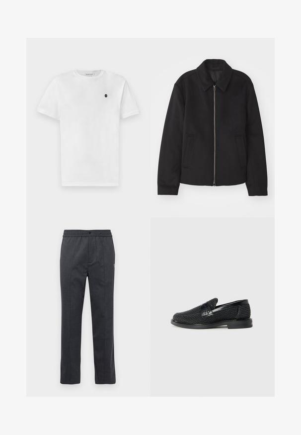 Black jacket with a zip closure, tailored design, a rounded collar, and slit pockets. Made from a smooth, textured fabric.; White cotton T-shirt with short sleeves, round neckline, and a small black logo on the left chest. Smooth texture, classic fit.; Dark gray straight-leg pants with elastic waistband, front button closure, and subtle embroidered detail on the right side.; Black woven slip-on shoe with a smooth leather accent on the upper, a round toe design, and a low-profile rubber sole.